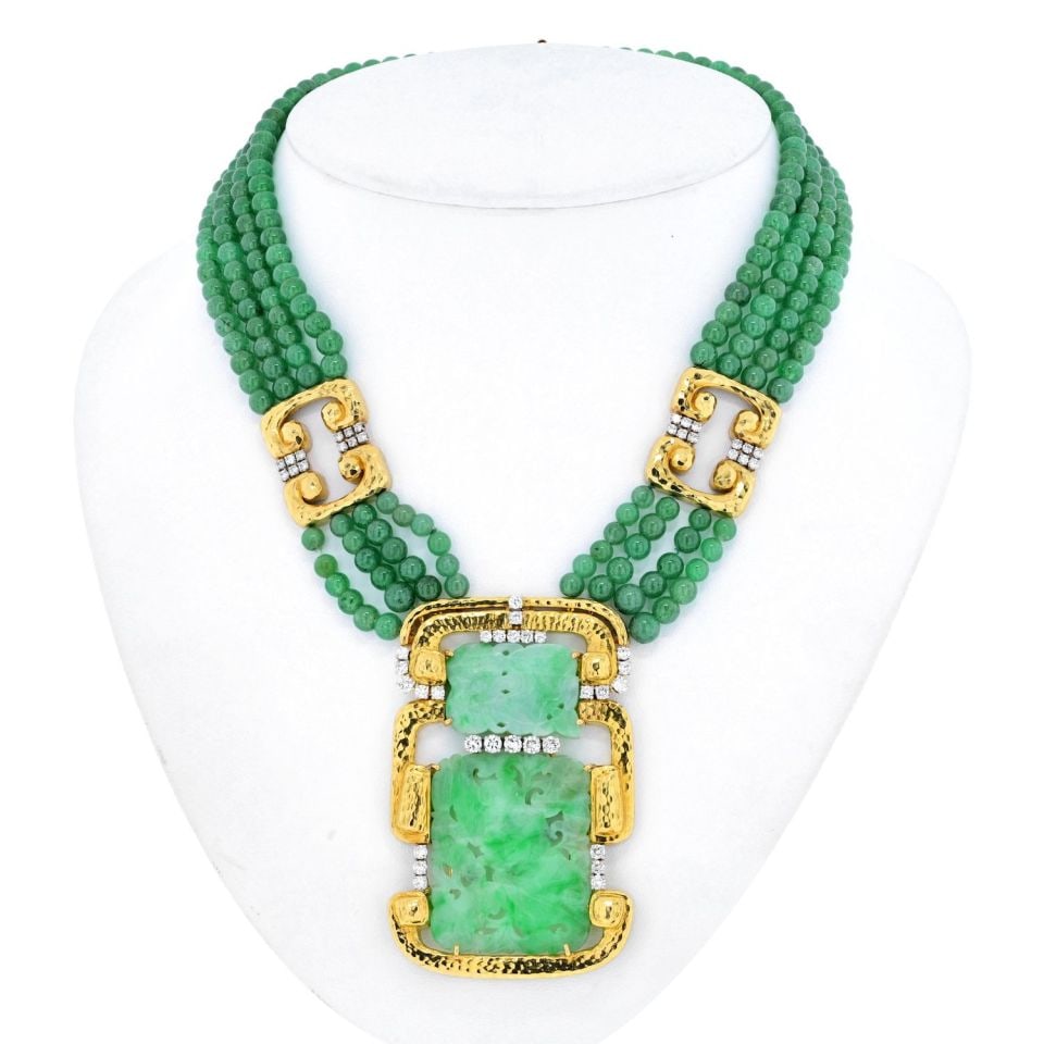 David Webb Multi Strand Jade Diamond Necklace in Platinum & 18K Gold: David Webb Multi Strand Jade Diamond Necklace in Platinum & 18K Gold Discover the elegance of this David Webb multi-strand necklace, expertly crafted from 18K yellow gold and platinum. The centerpiece
