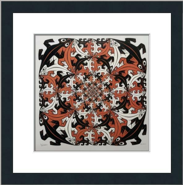 M.C. Escher Smaller and Smaller Custom Framed Lithograph Art Print: M.C. Escher Smaller and Smaller Custom Framed Lithograph Art Print This stunning custom gallery framed print titled 'Smaller and Smaller' by renowned artist M.C. Escher showcases a captivating fantasy