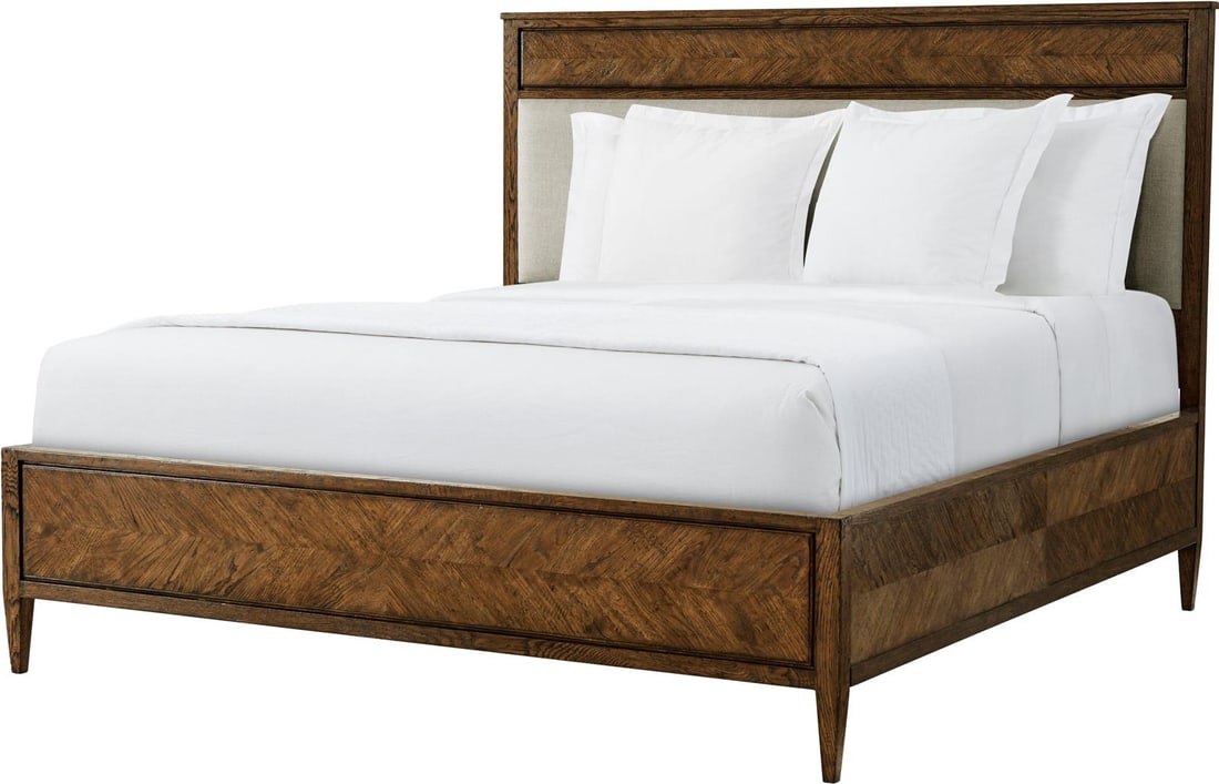 Theodore Alexander Nova King Bed Rustic Oak Veneer Dusk Finish: Theodore Alexander Nova King Bed Rustic Oak Veneer Dusk Finish Introducing the stunning Nova King Bed by Theodore Alexander, crafted in an antique or vintage style that enhances any bedroom decor. Thi