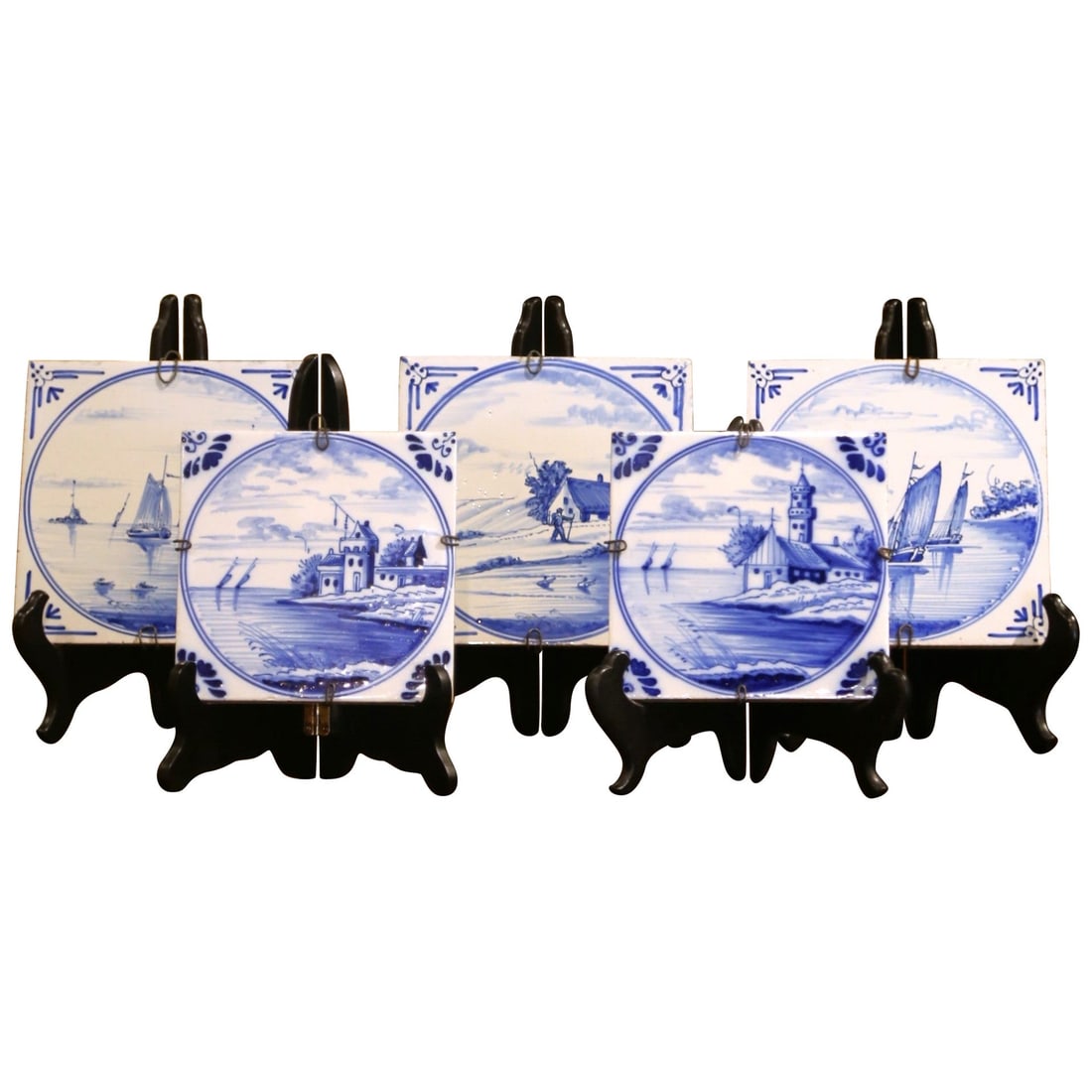 Antique 19th Century French Delft Tile Set of 5: Antique 19th Century French Delft Tile Set of 5 Enhance your interior with this exquisite set of five antique French Delft tiles, each hand-painted circa 1890. These ceramic tiles feature unique sceni