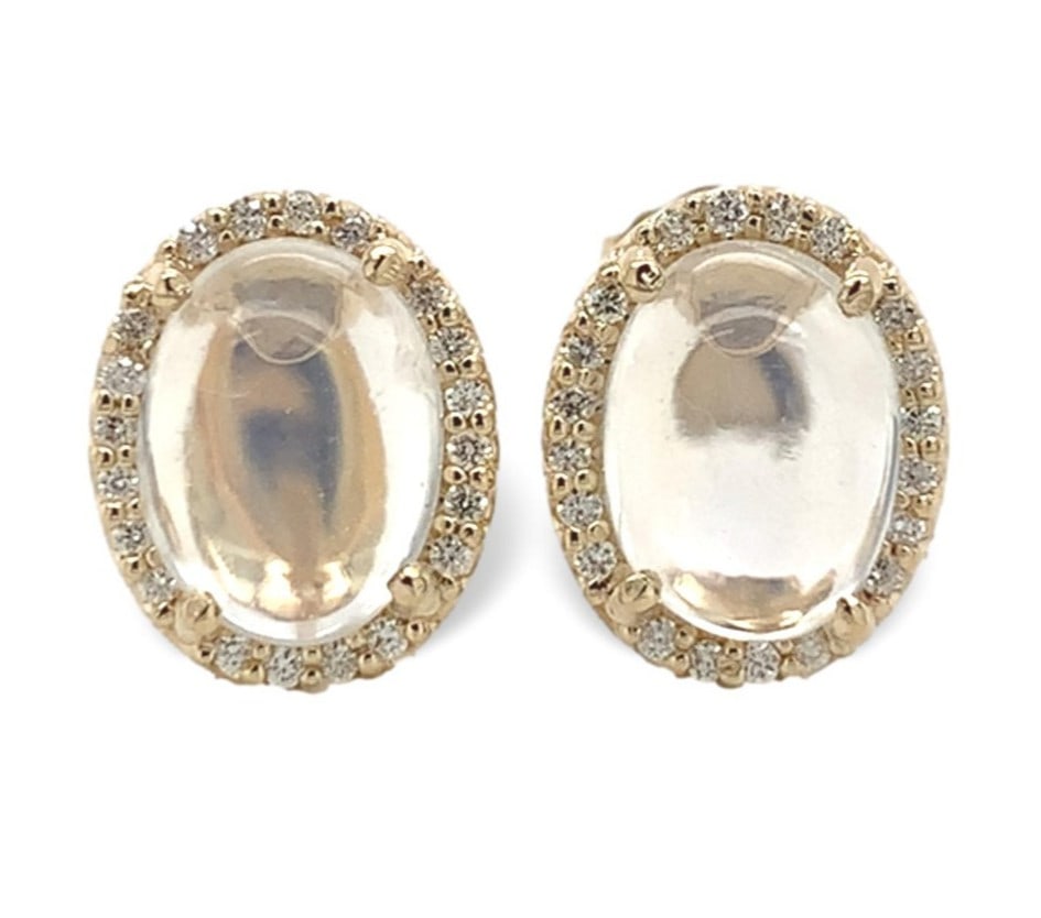 14k Yellow Gold 2.77ct Moonstone Diamond Halo Stud Earrings: 14k Yellow Gold 2.77ct Moonstone Diamond Halo Stud Earrings Elevate your style with these stunning 14k Gold Blue Flash Genuine Moonstone Diamond Stud Earrings. Crafted from high-quality 14k yellow gol