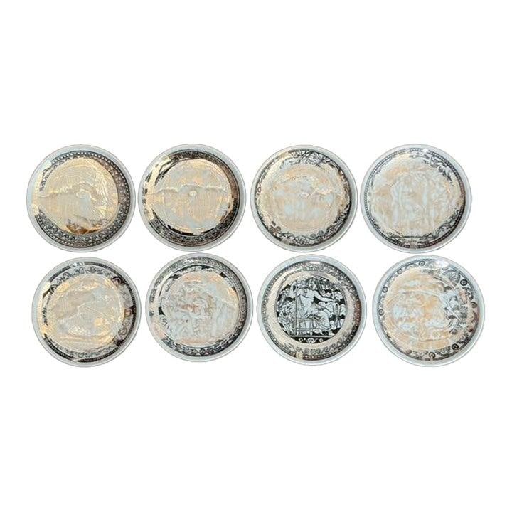 Fornasetti Mythological Ceramic Coaster Set of 8 Vintage Art: Fornasetti Mythological Ceramic Coaster Set of 8 Vintage Art Enhance your entertaining experience with this exquisite set of eight vintage ceramic coasters designed by the renowned Italian designer, P