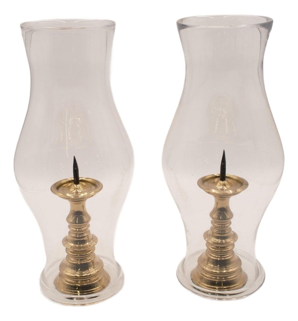 Vintage Brass Pricket Candlesticks with Hurricane Globes Pair (1 of 10)