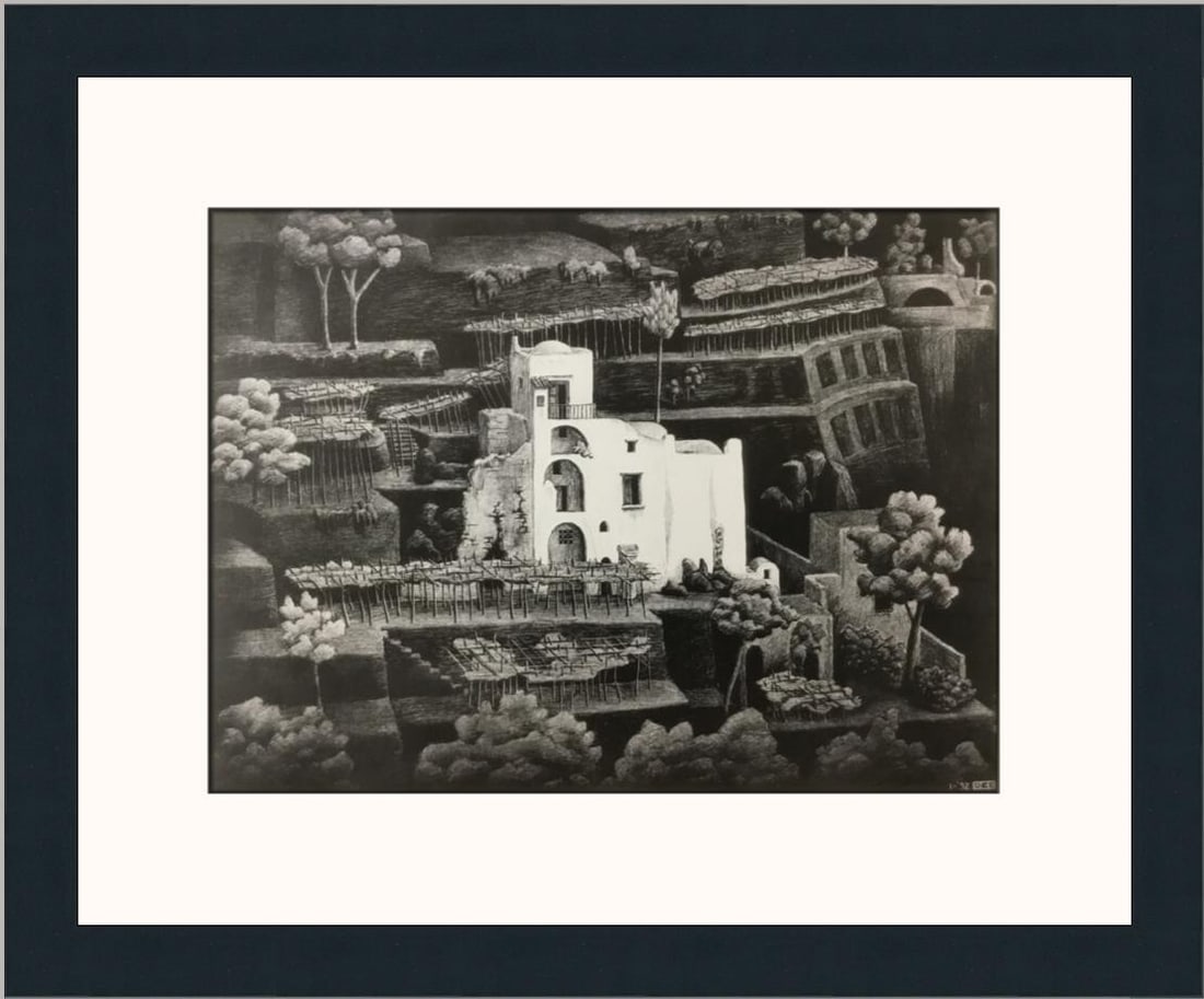 M.C. Escher Farmhouse Ravello Custom Framed Lithograph Print: M.C. Escher Farmhouse Ravello Custom Framed Lithograph Print This stunning custom framed print titled "Farmhouse Ravello" captures the artistry of M.C. Escher, renowned for his unique style that blend