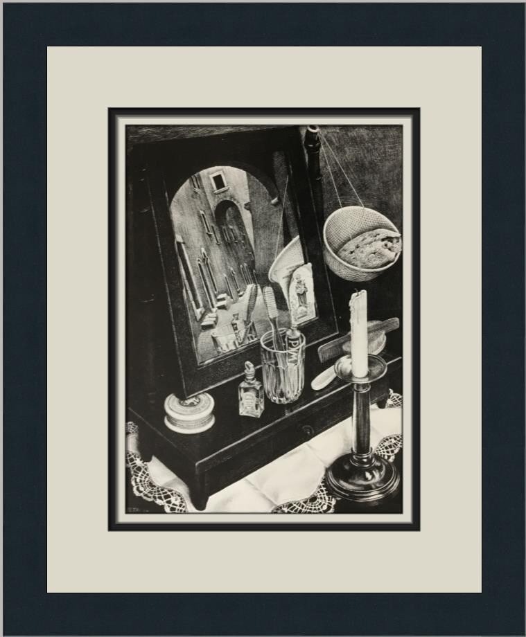 M.C. Escher Still Life with Mirror Custom Framed Art Print 15x13: M.C. Escher Still Life with Mirror Custom Framed Art Print 15x13 This stunning custom framed print titled "Still Life with Mirror" by renowned artist M.C. Escher captures the essence of Abstract Const