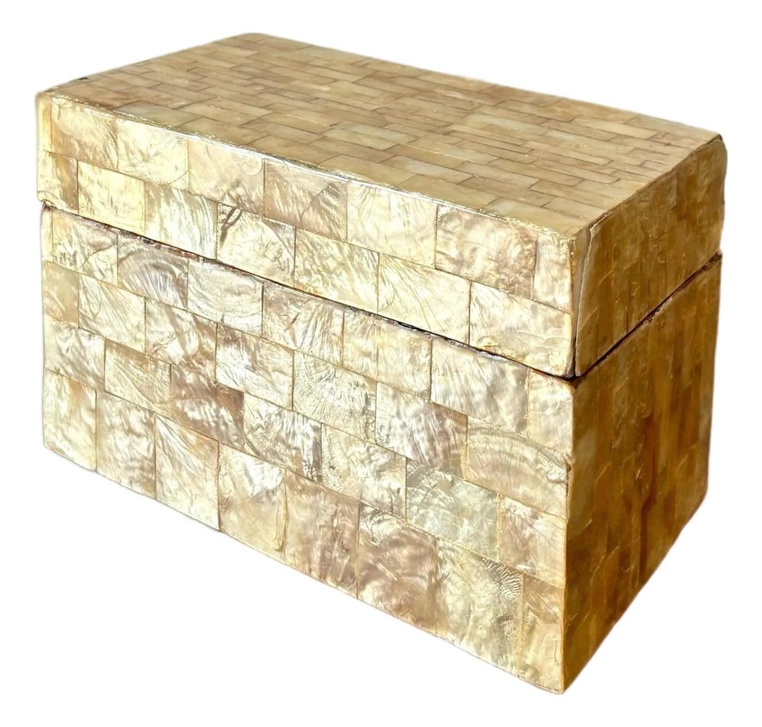 Vintage Boho Capiz Shell Mosaic Trinket Box: Vintage Boho Capiz Shell Mosaic Trinket Box This vintage boho trinket box showcases an elegant design with a lustrous mosaic exterior made of square-cut tiles in warm, translucent beige and golden ivo