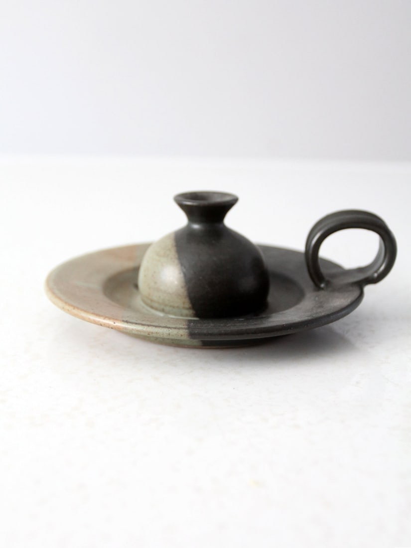 Handcrafted Vintage Beaver Creek Pottery Candlestick Holder Striped Glaze: Handcrafted Vintage Beaver Creek Pottery Candlestick Holder Striped Glaze This vintage Beaver Creek Studio pottery candlestick holder showcases a unique handcrafted design featuring a striking black,