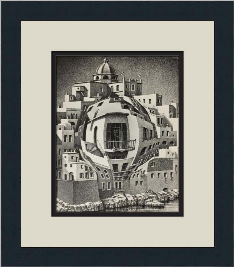 M.C. Escher Balcony Custom Framed Art Print 1974 Abstract Modernism: M.C. Escher Balcony Custom Framed Art Print 1974 Abstract Modernism This exquisite custom framed print titled "Balcony" by renowned artist M.C. Escher captures the essence of Abstract Constructivism a