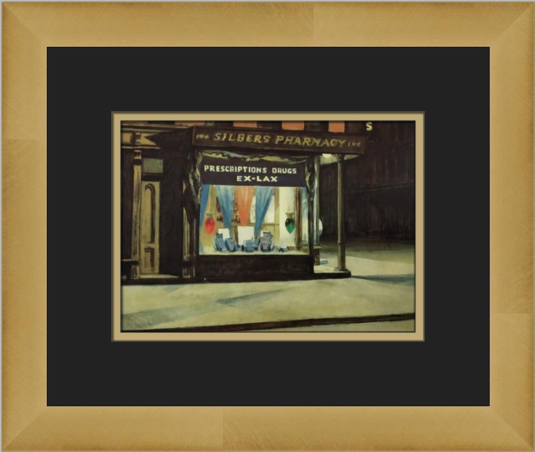 Edward Hopper Drug Store Custom Framed Lithograph Art Print: Edward Hopper Drug Store Custom Framed Lithograph Art Print This custom framed print titled "Drug Store" by renowned artist Edward Hopper captures a moment in figurative realism. The offset lithograph