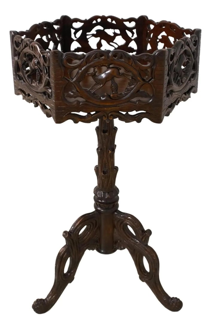 Ornate Black Forest Style Carved Pedestal Table 19x19x37: Ornate Black Forest Style Carved Pedestal Table 19x19x37 This exquisite Black Forest Style Carved Pedestal Table showcases ornate carvings and fine details, adding a touch of elegance to any space. Cr