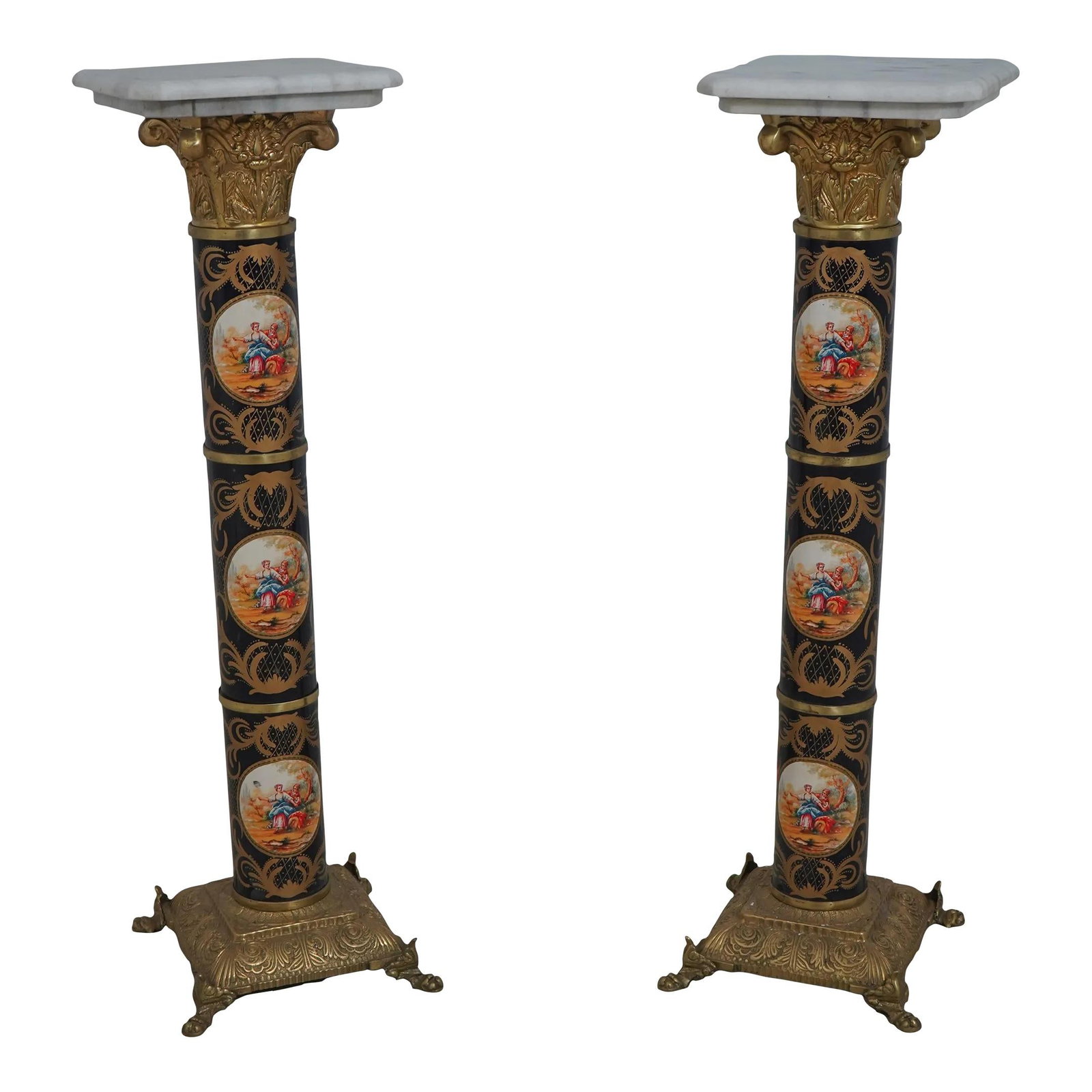 Elegant Pair of Bronze Base Columns with White Marble Tops: Elegant Pair of Bronze Base Columns with White Marble Tops This exquisite pair of columns features a stunning white marble top complemented by beautifully painted toleware columns in a royal blue fini