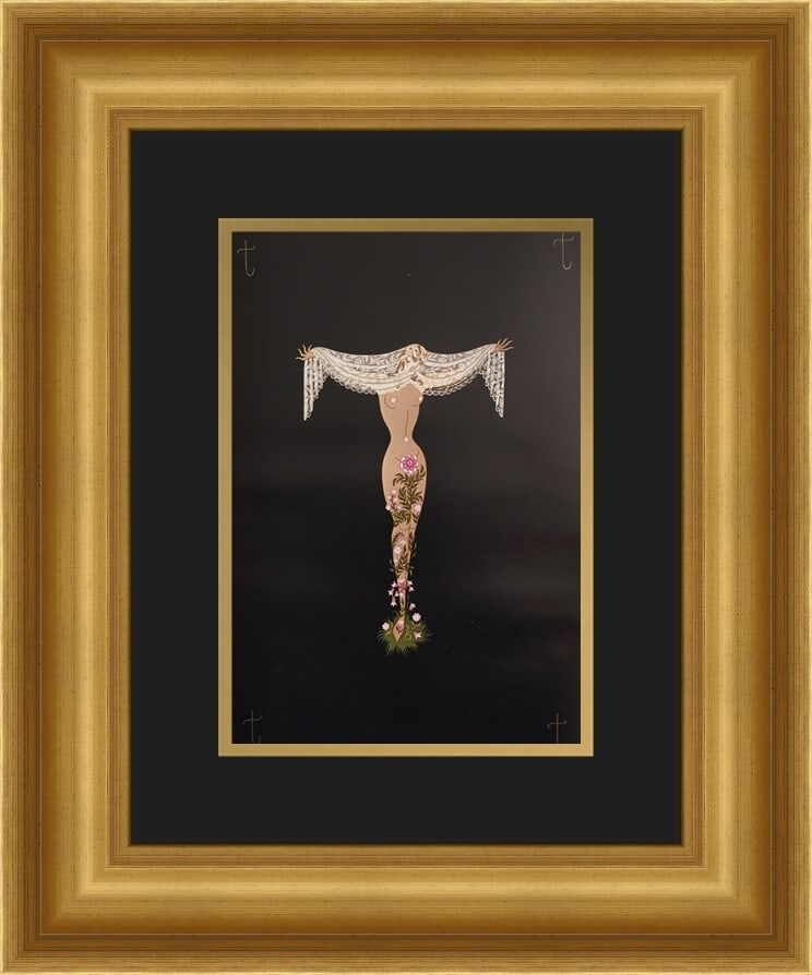 Erte Alphabet Suite T Custom Framed Art Deco Print 17x21: Erte Alphabet Suite T Custom Framed Art Deco Print 17x21 Enhance your decor with this custom framed print of Erte's "Alphabet Suite 'T'", a stunning representation of Art Deco style. This medium-sized