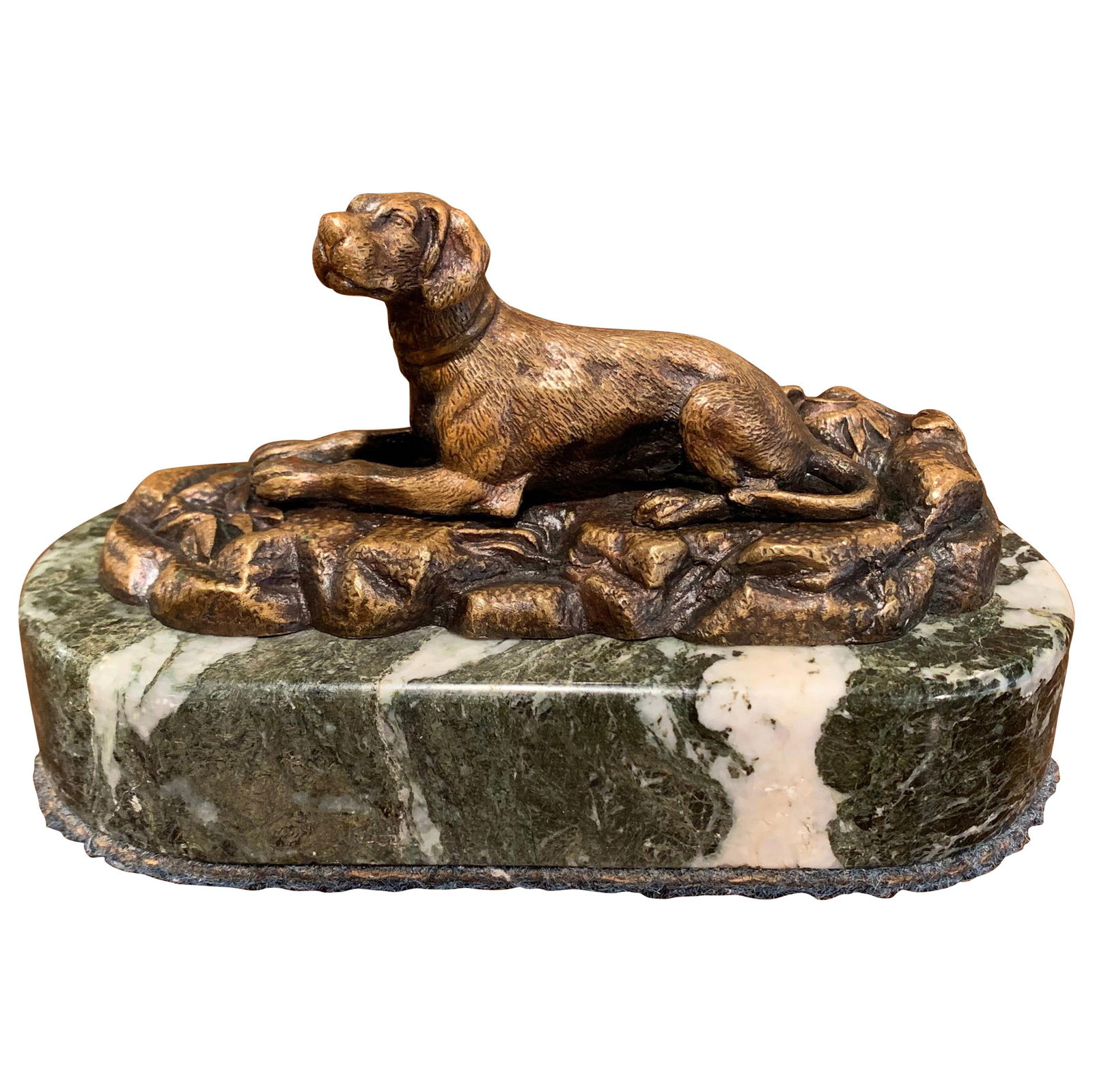 19th Century French Bronze Dog Sculpture Paperweight on Marble Base: 19th Century French Bronze Dog Sculpture Paperweight on Marble Base This exquisite 19th century French paperweight features a beautifully crafted bronze dog sculpture resting upon a stunning grey and