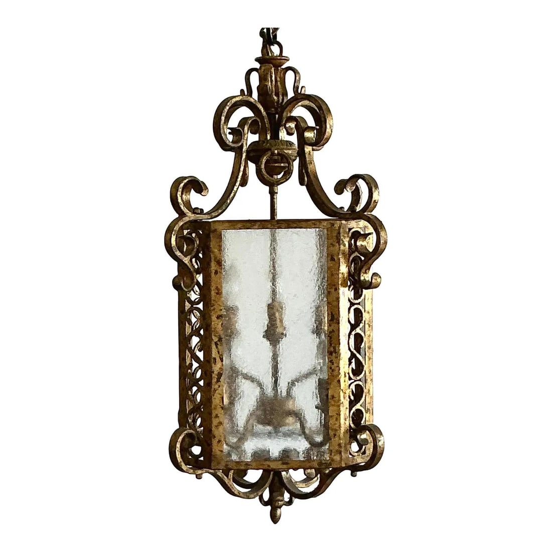 Elegant Vintage Regency Gilt Lantern with Textured Glass Panels: Elegant Vintage Regency Gilt Lantern with Textured Glass Panels Introducing a stunning Vintage Regency Gilt Lantern that exudes old-world grandeur. This exquisite piece features an ornate, antiqued gi