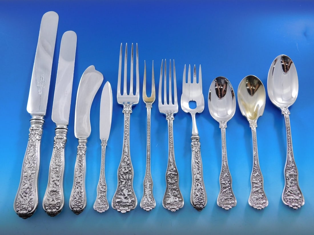 Tiffany & Co Olympian Sterling Silver Flatware Set 139 Pieces for 12 Service: Tiffany & Co Olympian Sterling Silver Flatware Set 139 Pieces for 12 Service Discover the elegance of the Olympian pattern by Tiffany & Co., a stunning sterling silver flatware set designed for 12 ser