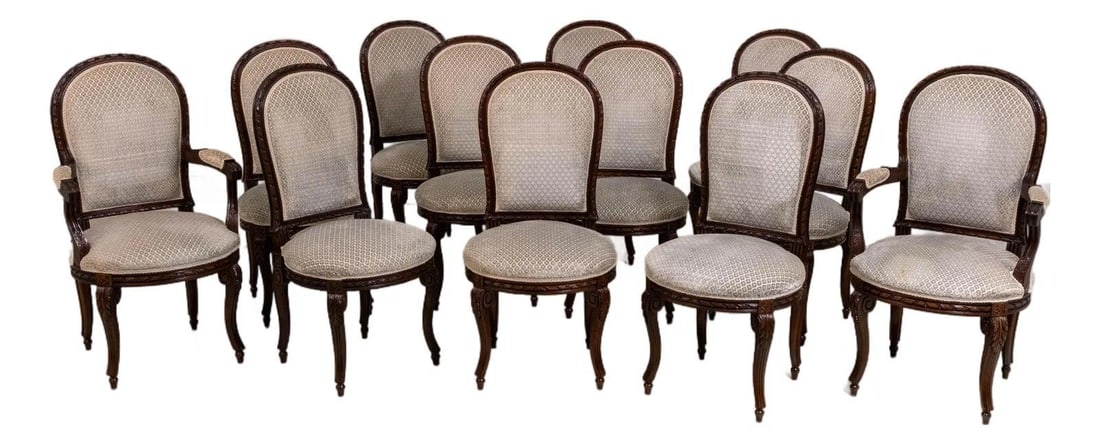 12 French Louis XV Upholstered Dining Chairs Walnut Finish Set of 12 (1 of 10)
