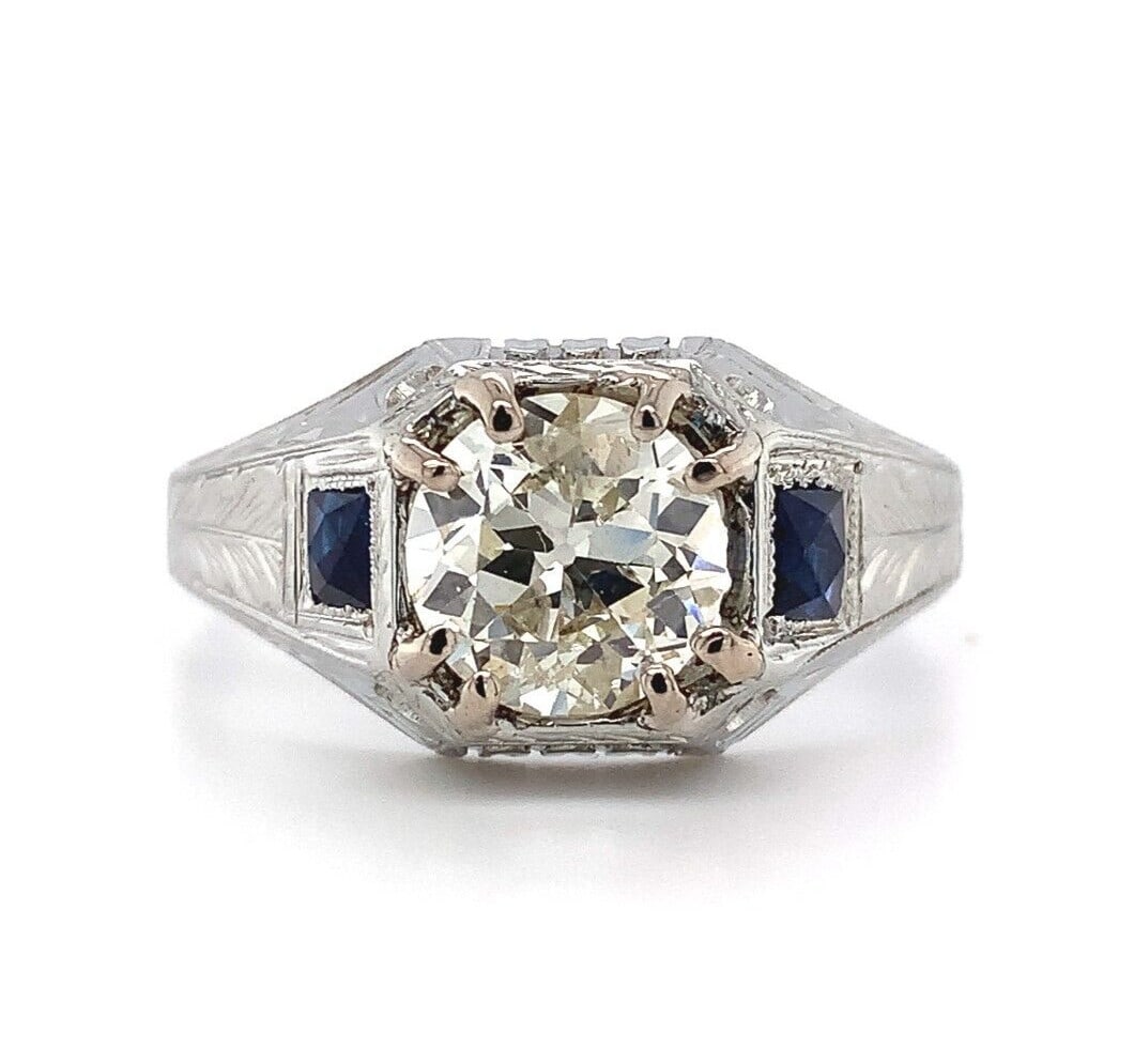 Art Deco 1.80ct GIA Diamond Ring 18k White Gold with Lab-Created Sapphires (1 of 12)