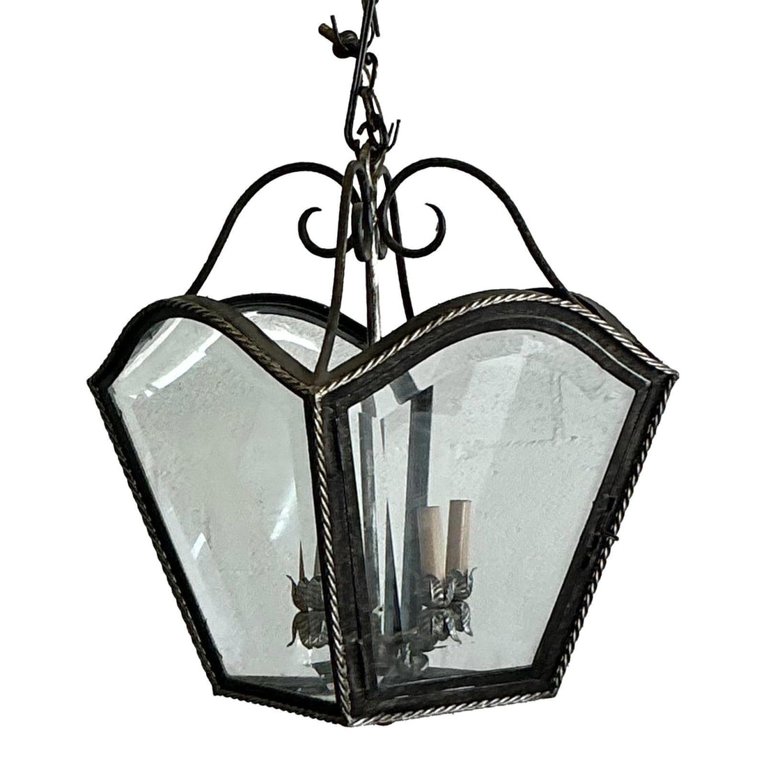Vintage French Regency Lantern Wrought Iron Glass 3-Light Candelabra: Vintage French Regency Lantern Wrought Iron Glass 3-Light Candelabra Enhance your home with this exquisite vintage French Regency style lantern, a perfect blend of classic elegance and craftsmanship.