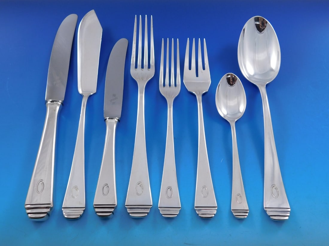 Vereinigte Silberwarentabnken 800 Silver Flatware Set 98 Pieces Pyramid Design Monogram O (1 of 8)