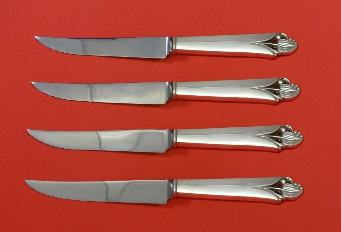 Frank Smith Woodlily Sterling Silver Steak Knife Set 4pc Custom 8.5": Frank Smith Woodlily Sterling Silver Steak Knife Set 4pc Custom 8.5" Elevate your dining experience with this exquisite 4-piece steak knife set from Frank Smith, featuring the elegant Woodlily pattern