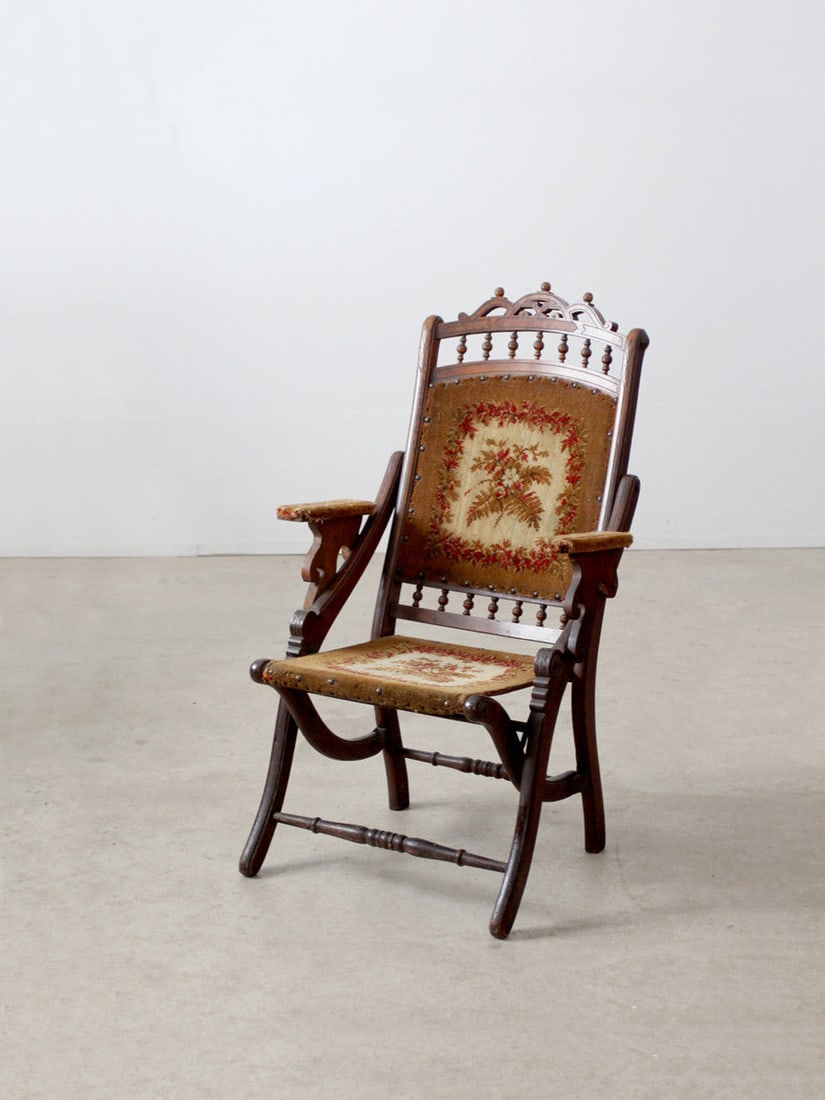 Late Victorian Folding Lawn Chair with Tapestry Seat (1 of 6)