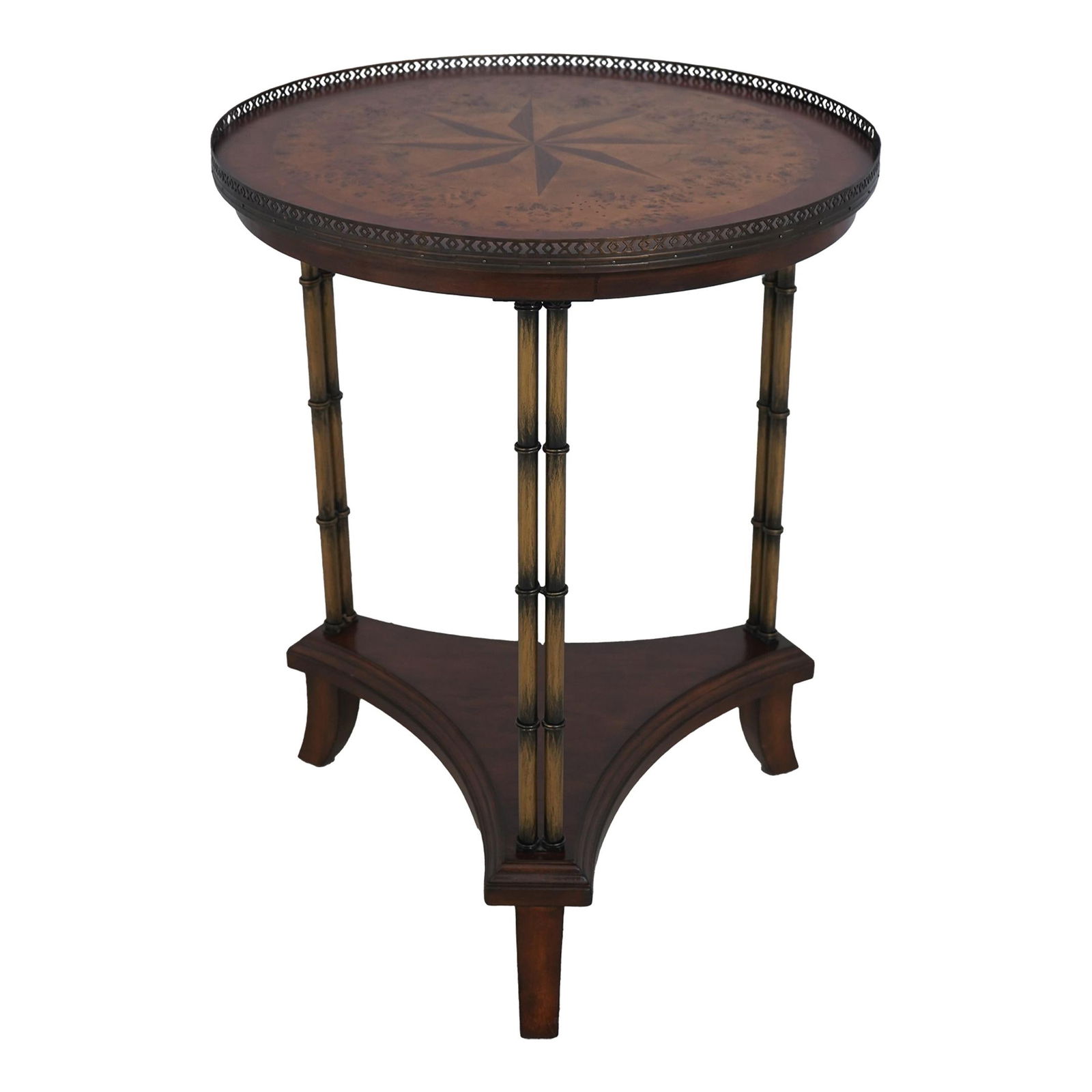 Elegant Round Inlaid Lamp Table with Brass Gallery and Bamboo Legs (1 of 10)