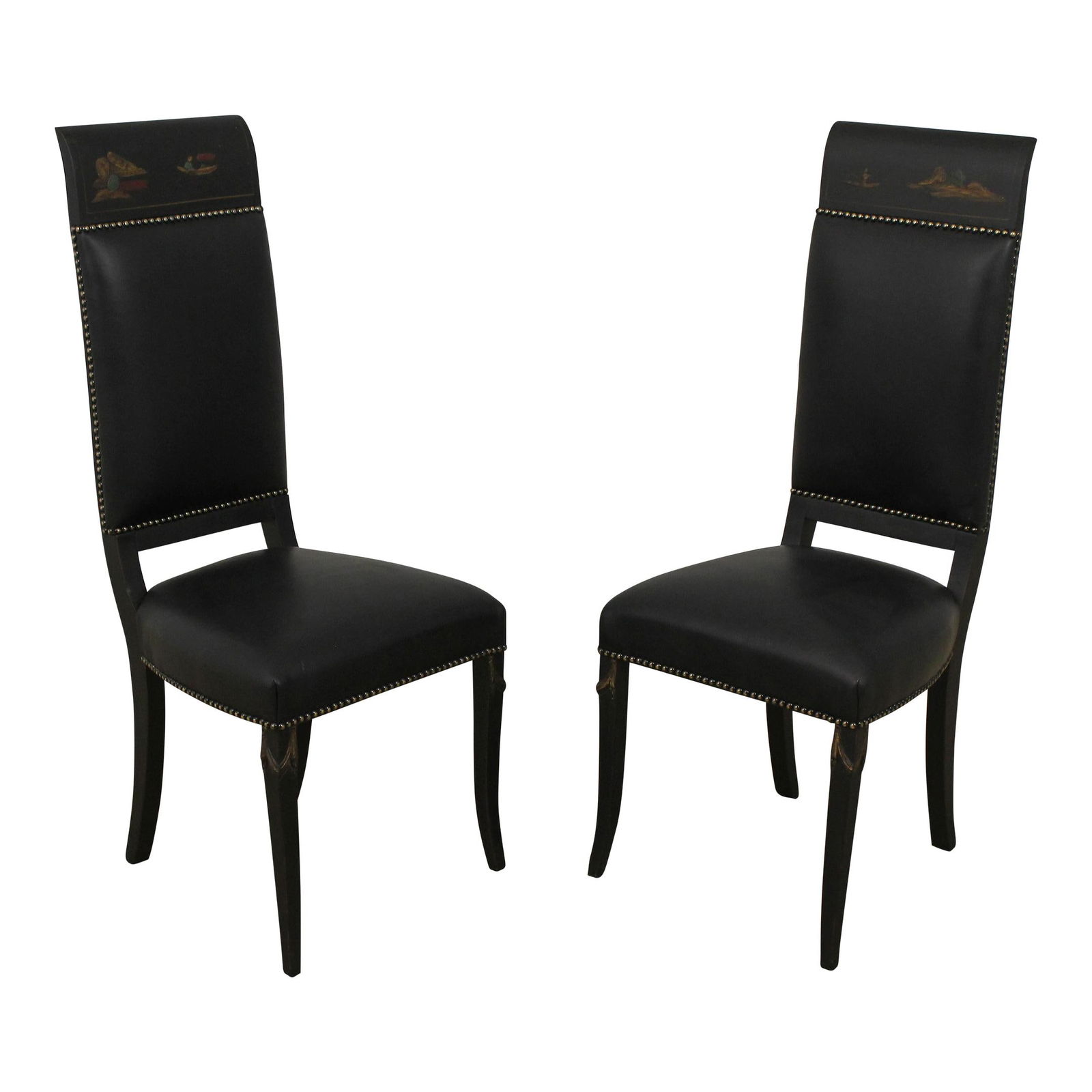 Vintage 1920s Chinoiserie High Back Leather Chairs Pair (1 of 10)