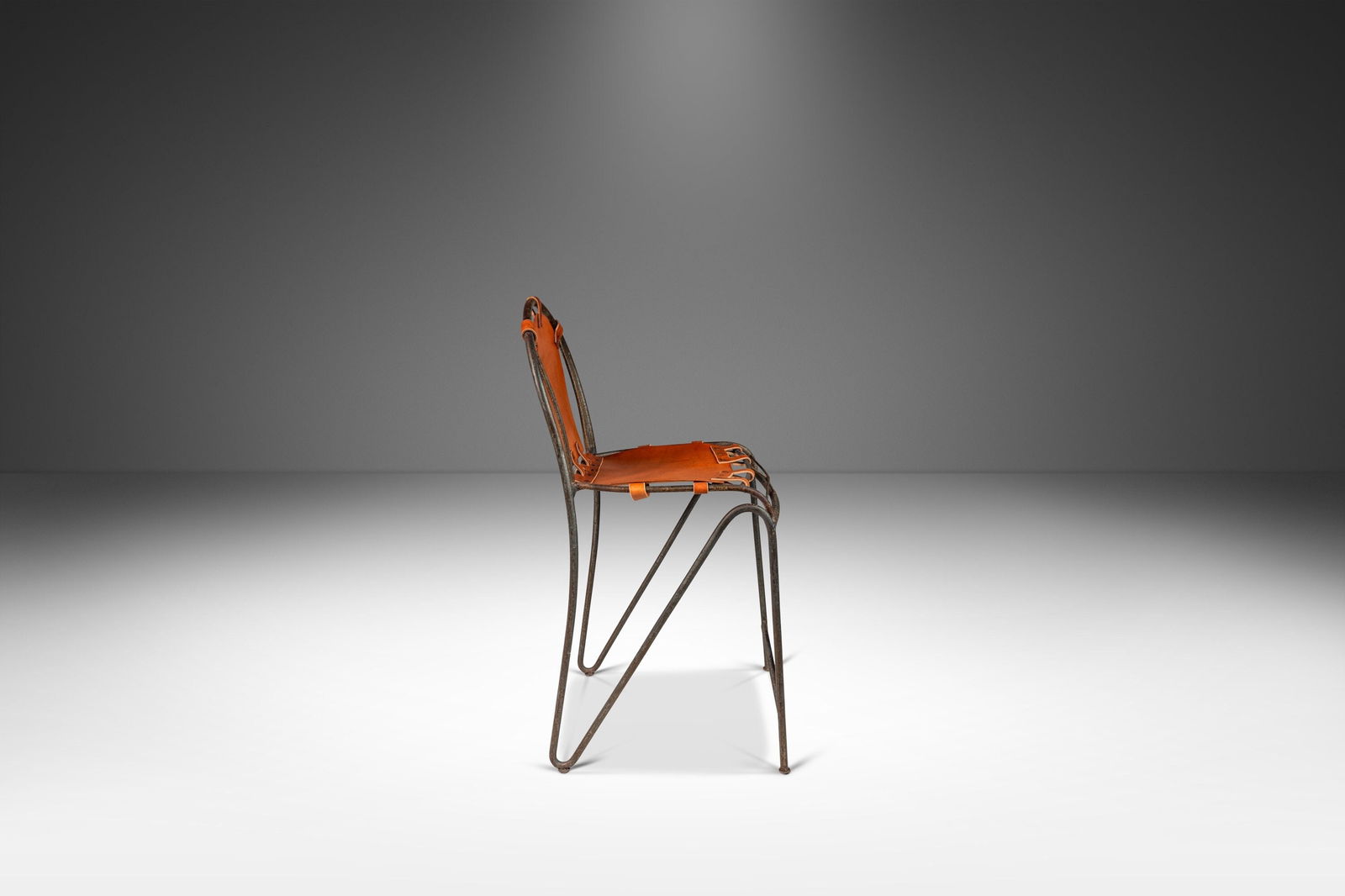 Rare Jacques Adnet Inspired Set of 2 Wrought Iron Barstools with Leather 1950s France (1 of 10)