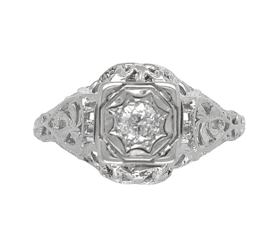 Art Deco 18k White Gold .13ct Diamond Filigree Ring Size 5 (1 of 10)