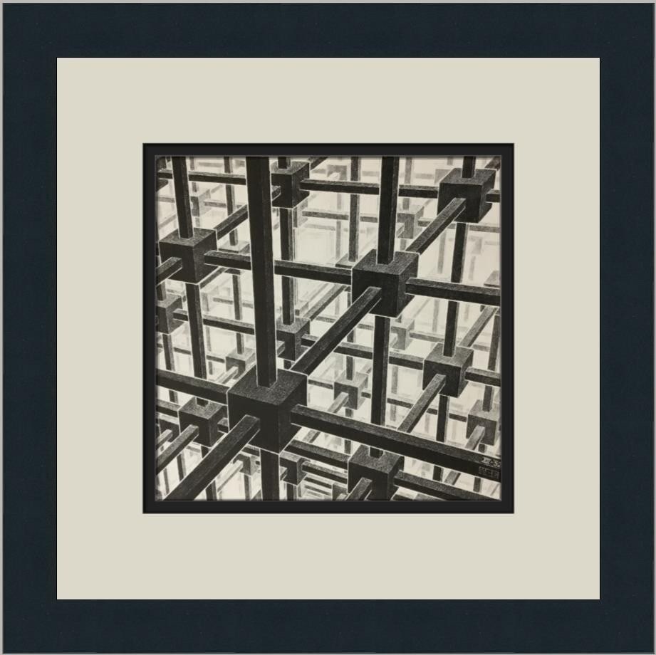M.C. Escher Cubic Space Division Custom Framed Print 13x13: M.C. Escher Cubic Space Division Custom Framed Print 13x13 Experience the captivating artistry of M.C. Escher with this custom framed print titled "Cubic Space Division." This medium-sized piece is a