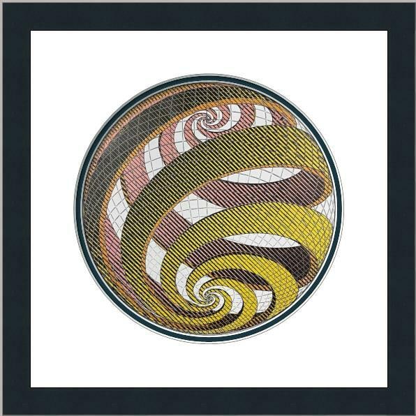 M.C. Escher Sphere Spirals Custom Framed Lithograph Print: M.C. Escher Sphere Spirals Custom Framed Lithograph Print This stunning custom gallery framed print features M.C. Escher's captivating artwork titled "Sphere Spirals." Measuring 13" x 13" overall, the