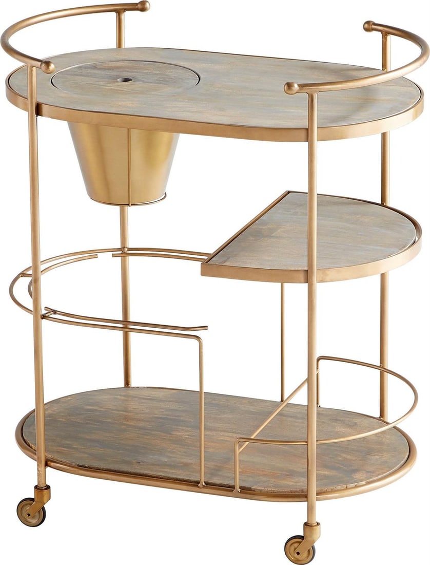 Cyan Brass Art Deco Bar Cart 35H 18.5W 30.75L: Cyan Brass Art Deco Bar Cart 35H 18.5W 30.75L Elevate your entertaining experience with this Luxurious Antique Style Brass Art Deco Bar Cart. Crafted in a stunning antique brass finish, this bar cart