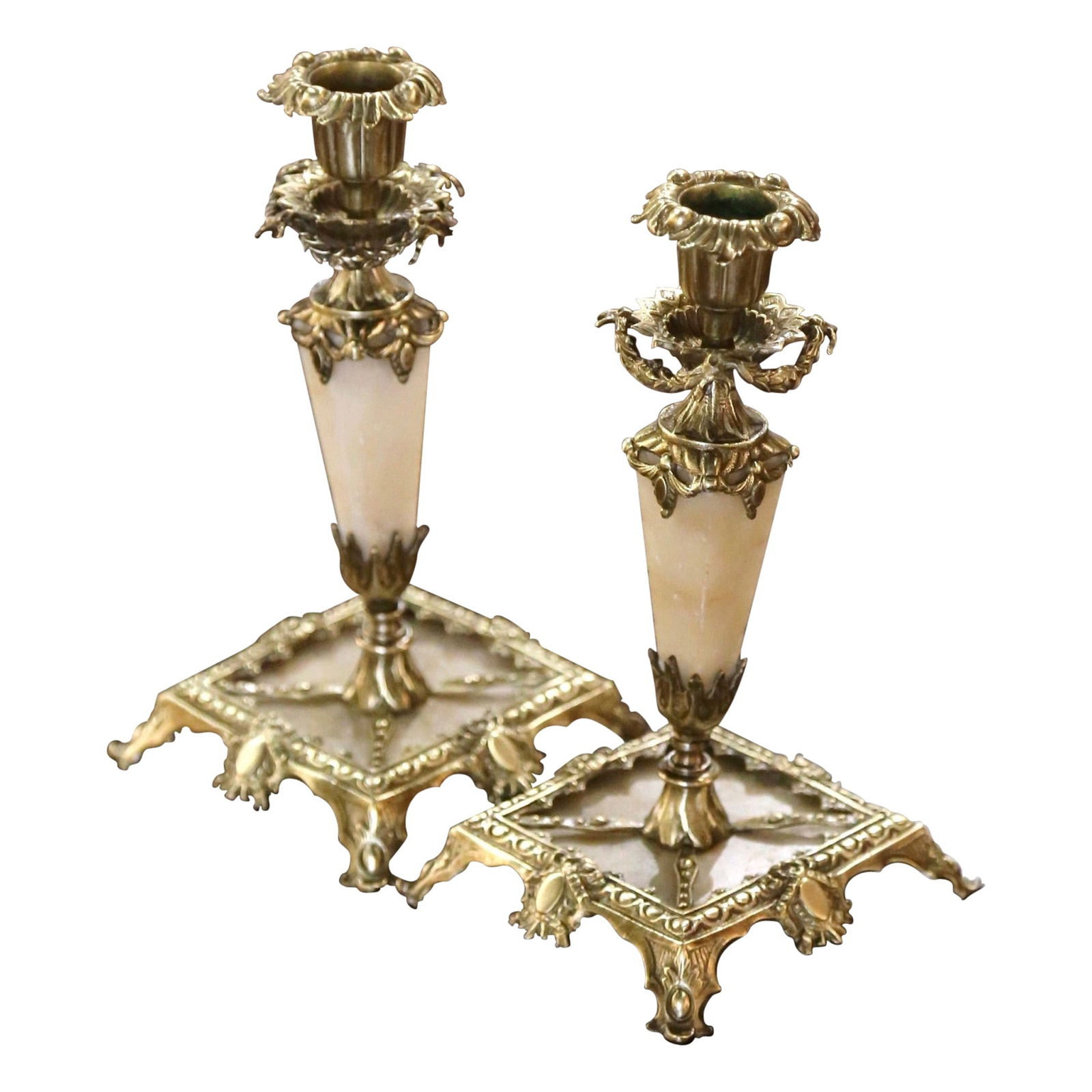 19th Century French Napoleon III Bronze Marble Candlestick Set of 2: 19th Century French Napoleon III Bronze Marble Candlestick Set of 2 Enhance your home decor with this exquisite pair of 19th Century French Napoleon III candlesticks. Crafted in France circa 1870, the