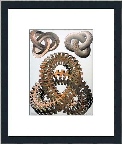 M.C. Escher Knots Framed Lithograph Print Black and White Surrealism: M.C. Escher Knots Framed Lithograph Print Black and White Surrealism This custom gallery framed print features the iconic artwork "Knots" by M.C. Escher, renowned for its surrealistic fantasy figures.