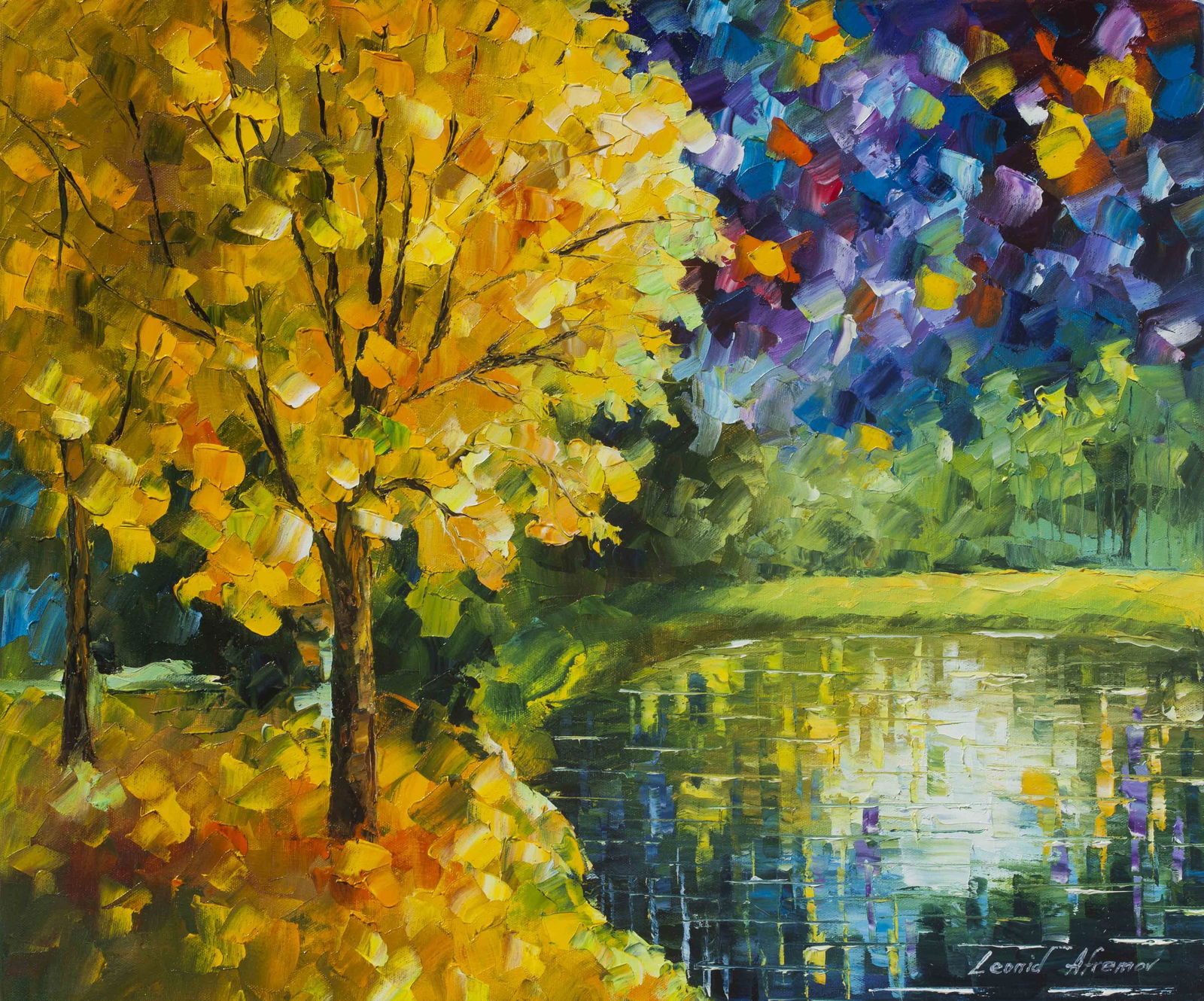 Green Memories Original Oil Painting by Leonid Afremov Authentic Artwork: Green Memories Original Oil Painting by Leonid Afremov Authentic Artwork Introducing 'Green Memories', an original oil painting by renowned artist Leonid Afremov. This unique, one-of-a-kind artwork is