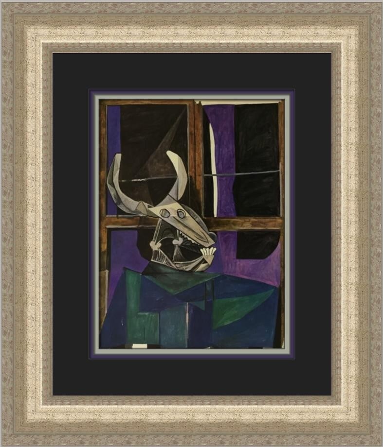 Pablo Picasso The Bull's Skull Custom Framed Art Print 1972: Pablo Picasso The Bull's Skull Custom Framed Art Print 1972 This striking custom framed print features Pablo Picasso's iconic artwork, "The Bull's Skull," created in 1972. This medium-sized piece meas