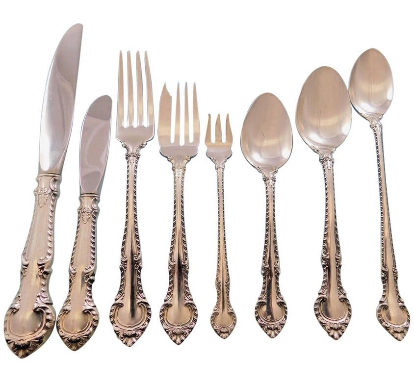Gorham English Gadroon Sterling Silver Flatware Set for 8 70 Pieces: Gorham English Gadroon Sterling Silver Flatware Set for 8 70 Pieces Enhance your dining experience with the exquisite English Gadroon flatware set by Gorham, composed of 70 pieces designed to serve 8