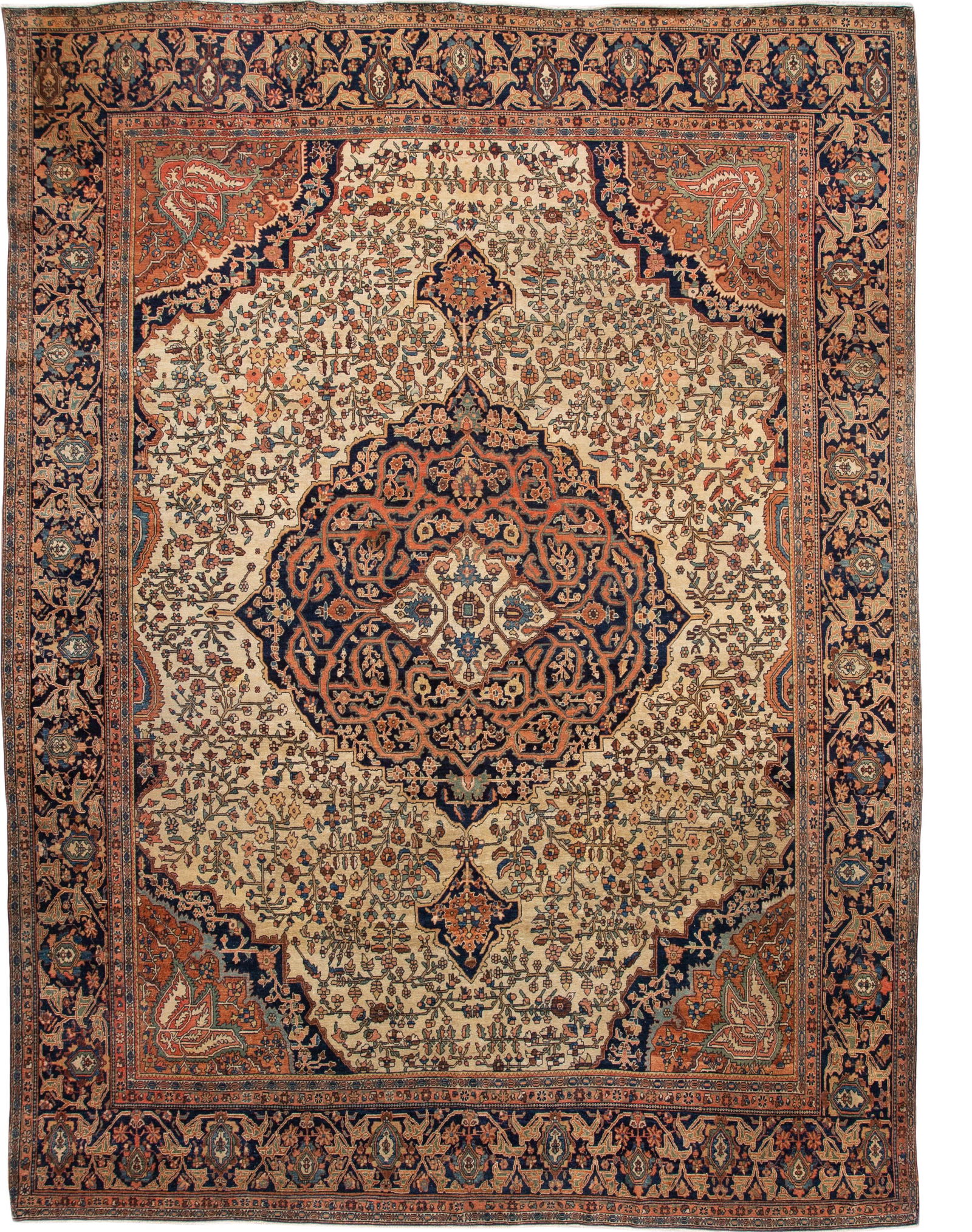 Antique Sarouk Farahan Handmade Wool Rug 8'6 x 11'05 Beige Navy Frame: Antique Sarouk Farahan Handmade Wool Rug 8'6 x 11'05 Beige Navy Frame This stunning Antique Sarouk Farahan rug is meticulously hand-knotted from high-quality wool, featuring a beautiful beige field ac