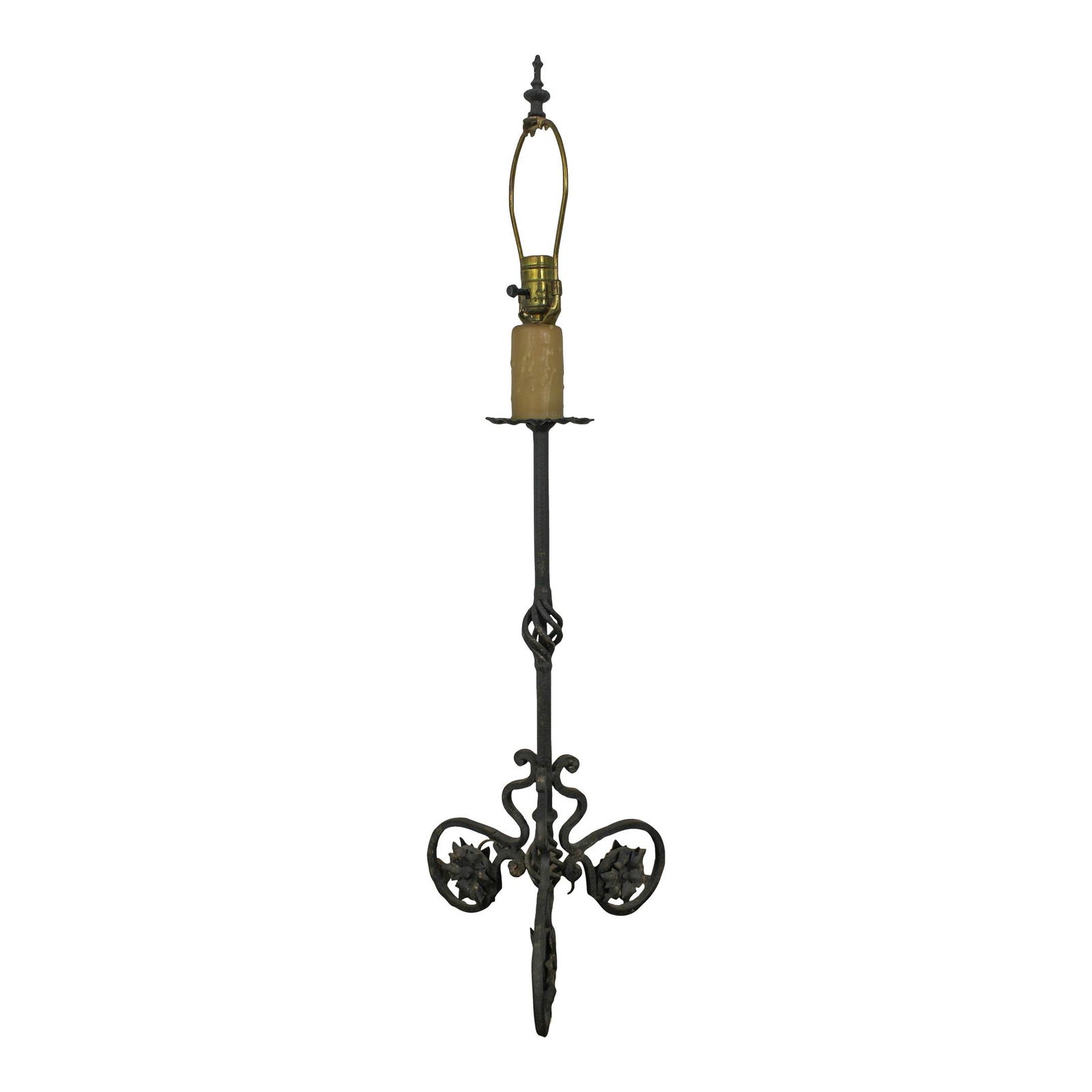 Classic Black Wrought Iron 37 Inch Candlestick Table Lamp: Classic Black Wrought Iron 37 Inch Candlestick Table Lamp This impressive wrought iron candlestick style table lamp showcases high-quality construction and is approximately 50 years old. The lamp feat