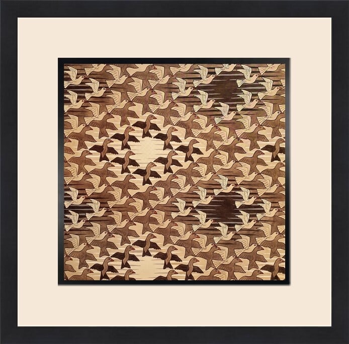 M.C. Escher Two Birds Custom Framed Lithograph Art Print: M.C. Escher Two Birds Custom Framed Lithograph Art Print This stunning custom gallery framed colored print by M.C. Escher, titled "Two Birds," showcases the artist's unique surrealism style. The artwo