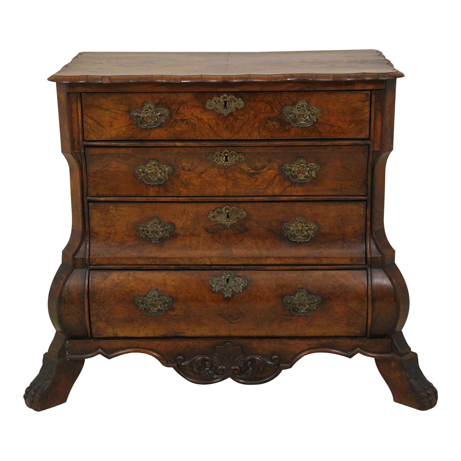 18th Century Baroque Walnut Chest with Carved Claw Feet: 18th Century Baroque Walnut Chest with Carved Claw Feet This exquisite Continental 18th Century Baroque Style Walnut Chest showcases fine carved details characteristic of the early period. The chest f