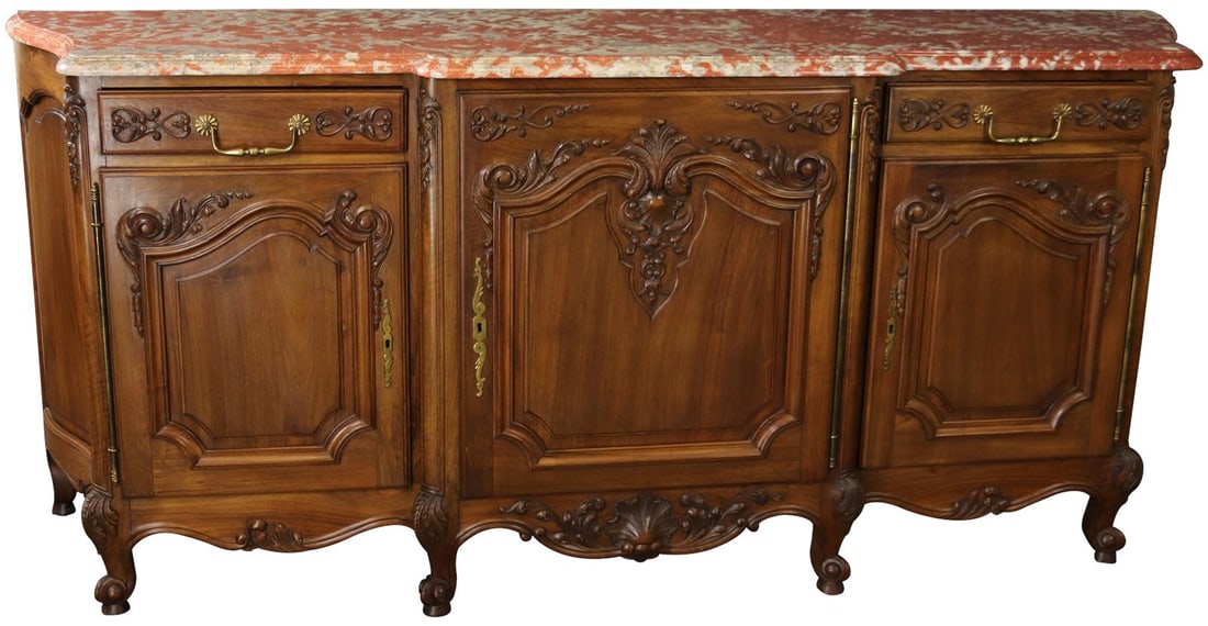 French Style Antique Walnut Sideboard with Marble Top 1920: French Style Antique Walnut Sideboard with Marble Top 1920 This exquisite antique sideboard showcases a beautifully carved walnut construction complemented by a stunning marble top. Designed in the el