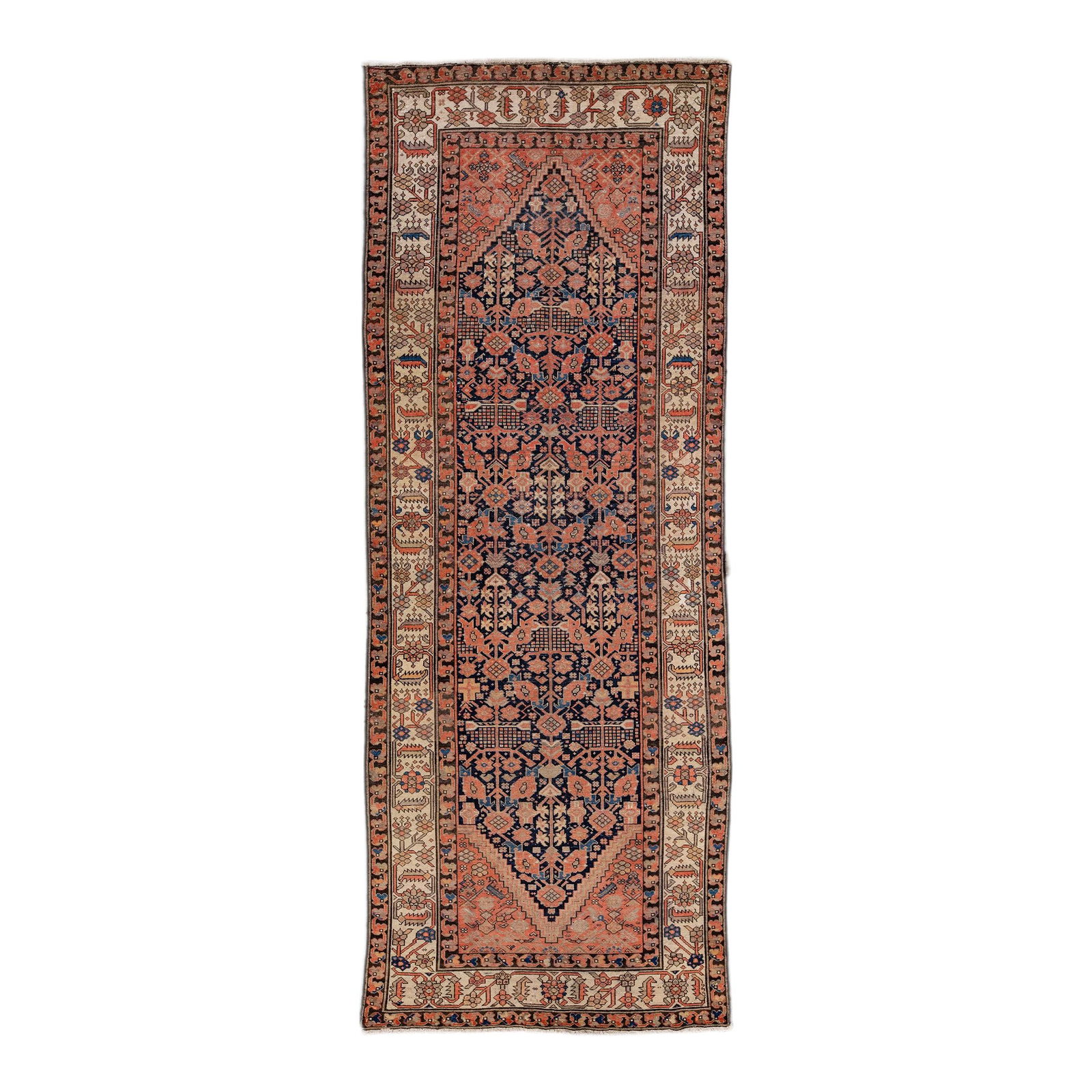 Antique Malayer Blue and Rust Wool Runner 4'10 x 12'11 Hand-Knotted: Antique Malayer Blue and Rust Wool Runner 4'10 x 12'11 Hand-Knotted This exquisite antique Malayer runner features a stunning hand-knotted wool construction with a captivating navy blue field. The des