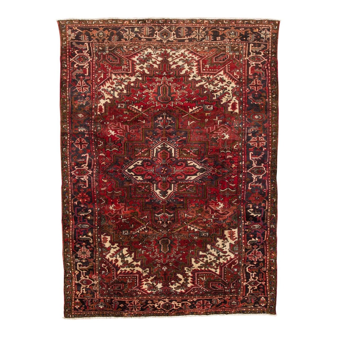 Antique Persian Heriz Handmade Wool Rug 7'9" x 10'9" Red: Antique Persian Heriz Handmade Wool Rug 7'9" x 10'9" Red This Antique Persian Heriz rug is a breathtaking handmade piece crafted from high-quality wool. Its vibrant red background showcases an intrica