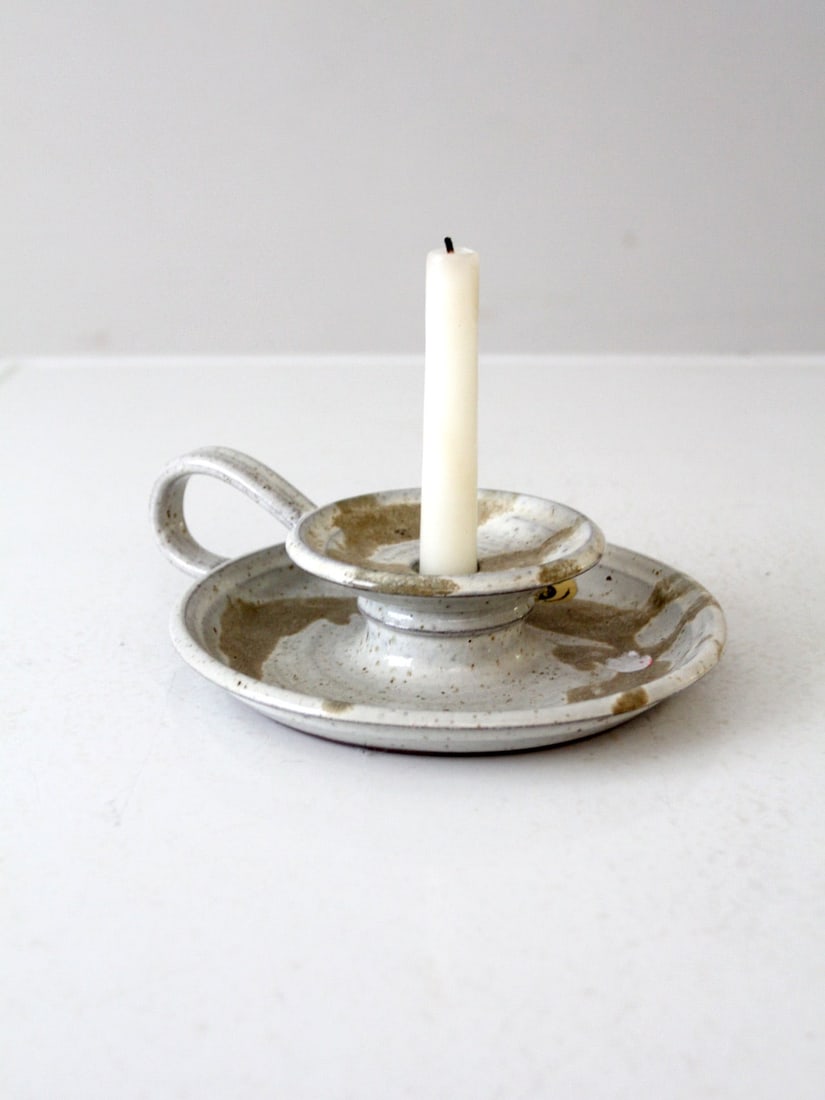 Vintage H&R Pottery Studio Candlestick Holder Speckled White Glaze: Vintage H&R Pottery Studio Candlestick Holder Speckled White Glaze Illuminate your space with this charming vintage handcrafted candlestick holder from H&R Pottery studio in Sacramento. Featuring a be