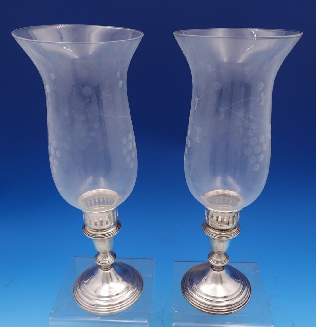 Woodward & Lothrop Sterling Silver Hurricane Lamp Candlestick Pair #47 Etched Grapes: Woodward & Lothrop Sterling Silver Hurricane Lamp Candlestick Pair #47 Etched Grapes This exquisite pair of hurricane lamp candlesticks by Woodward & Lothrop features a stunning combination of sterlin
