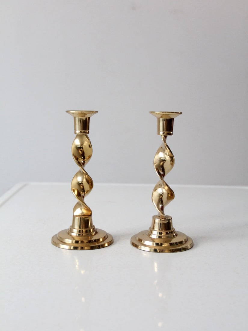 Elegant Vintage Brass Candlestick Holders 8 Inch Pair: Elegant Vintage Brass Candlestick Holders 8 Inch Pair Enhance your decor with this elegant pair of vintage brass candlestick holders, showcasing a classic twisted design complemented by a warm golden