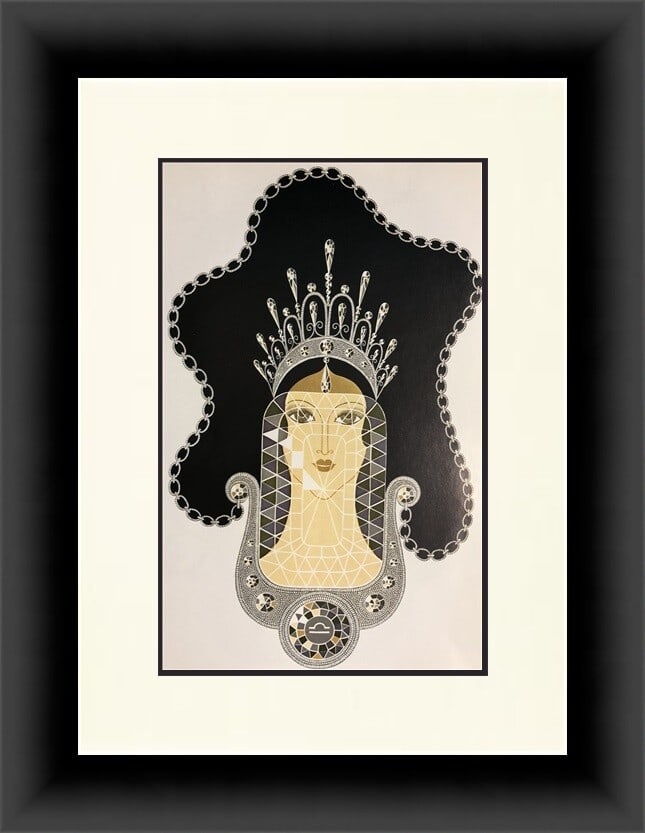 Erte Diamond Art Deco Custom Framed Print 16 x 19: Erte Diamond Art Deco Custom Framed Print 16 x 19 This exquisite custom framed print titled 'Diamond' is part of the Precious Stones Series by renowned artist Erte. Measuring 16" x 19", this medium-si