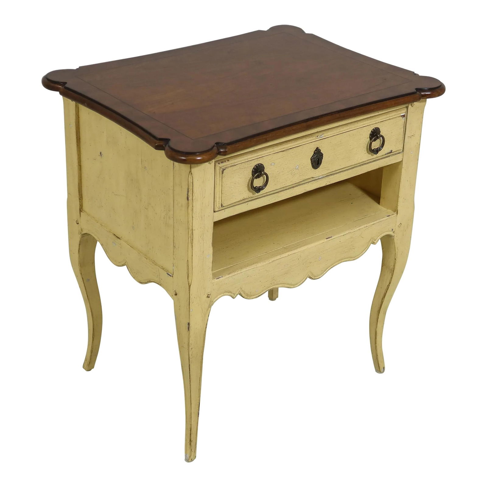 Drexel Country French Nightstand Antique Distressed Finish Quality Wood: Drexel Country French Nightstand Antique Distressed Finish Quality Wood This charming Drexel Country French nightstand showcases a beautifully distressed painted finish, enhancing its vintage appeal.