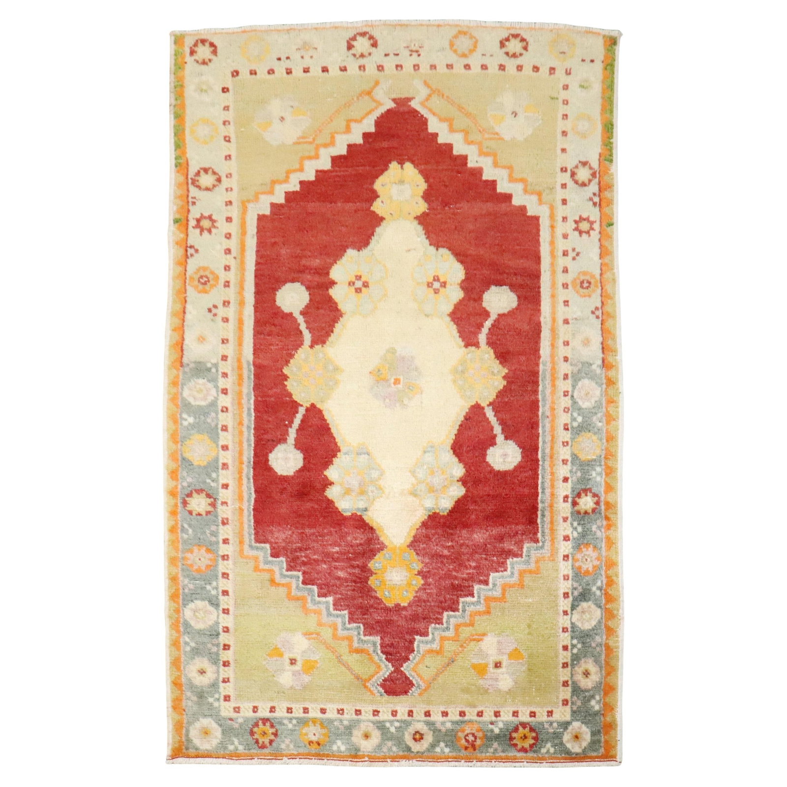 Mid-Century Turkish Oushak Small Rug 3' x 4'8" Hand-Knotted Wool: Mid-Century Turkish Oushak Small Rug 3' x 4'8" Hand-Knotted Wool Discover the charm of the mid-20th century with this exquisite Turkish Oushak Small Rug. Hand-knotted from premium wool, this vintage p